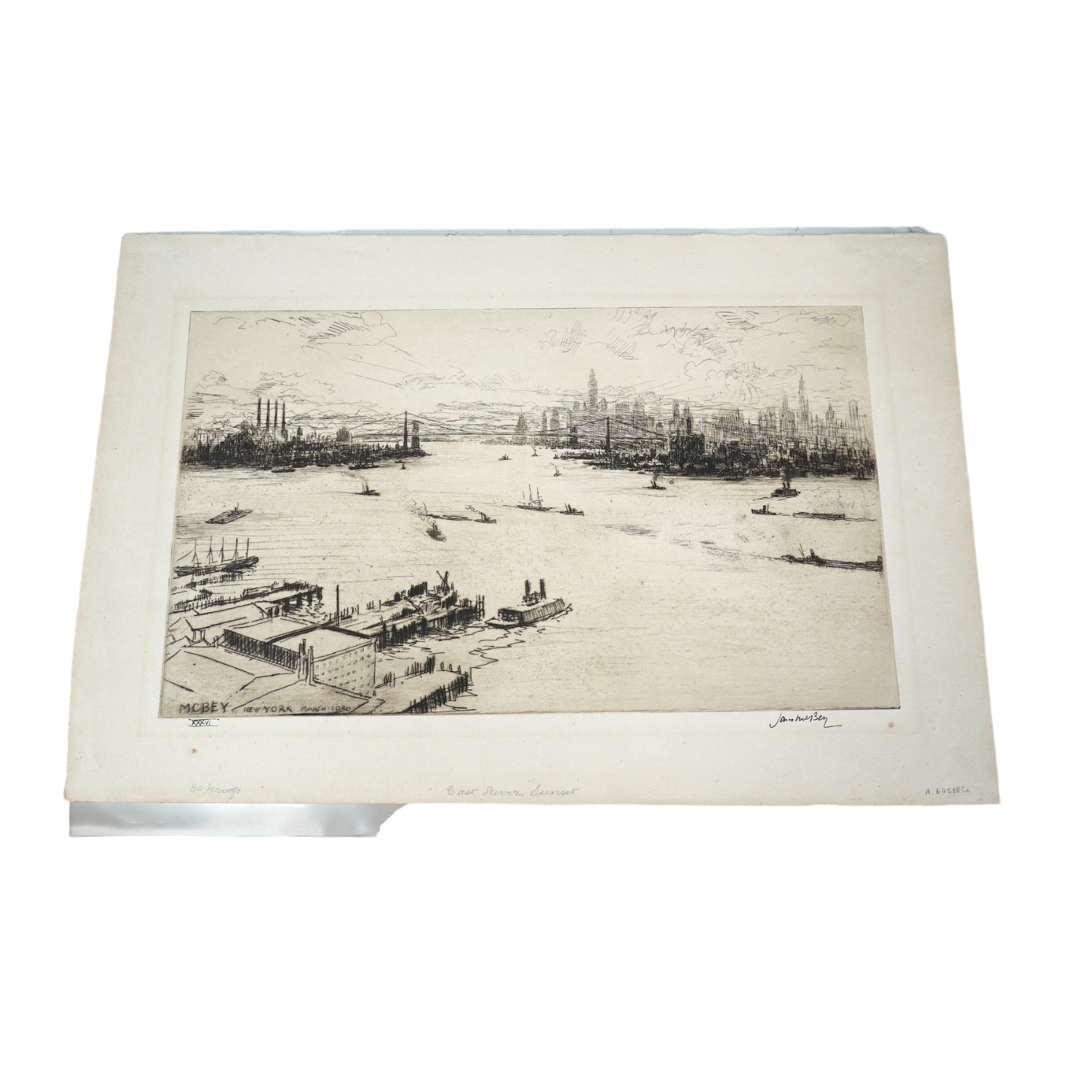 James McBey (1883-1959), drypoint etching, 'New York, March 1930' (East River, Sunset), signed in ink and numbered XXXVI, 20.5 x 35cm. Condition - essentially good condition; Unmounted, slight paper discolouration, acid